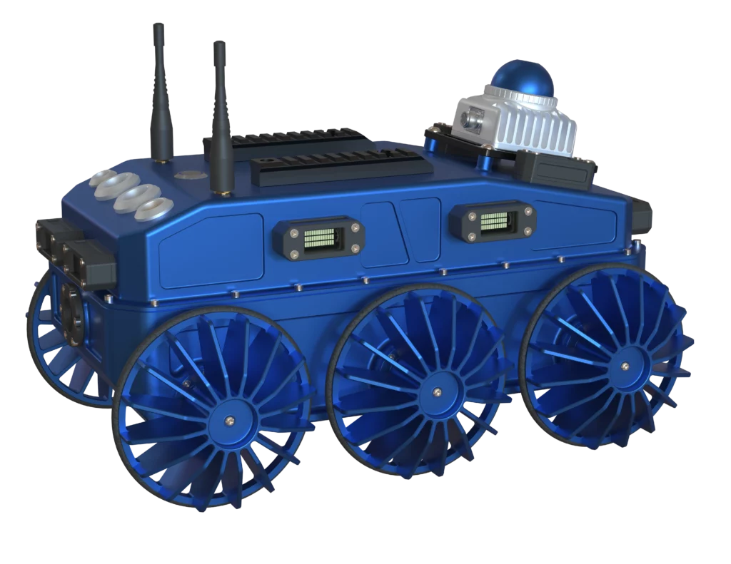 Vue latérale du robot terrestre BOA V2 de Sfynx Industry, doté de six roues, d’un module capteur supérieur et de deux antennes de communication.