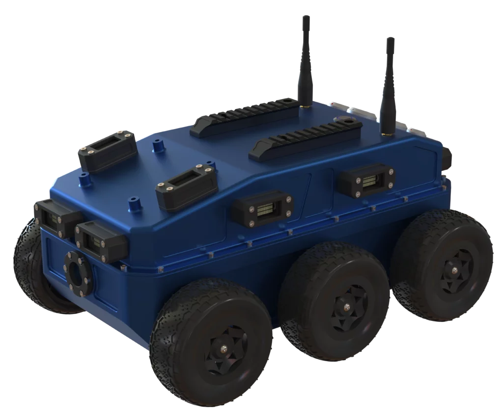 Robot BOA V2 Sfynx Industry en vue trois-quarts arrière, plateforme robotique à six roues avec boîtier étanche, connectique embarquée et antennes radio.