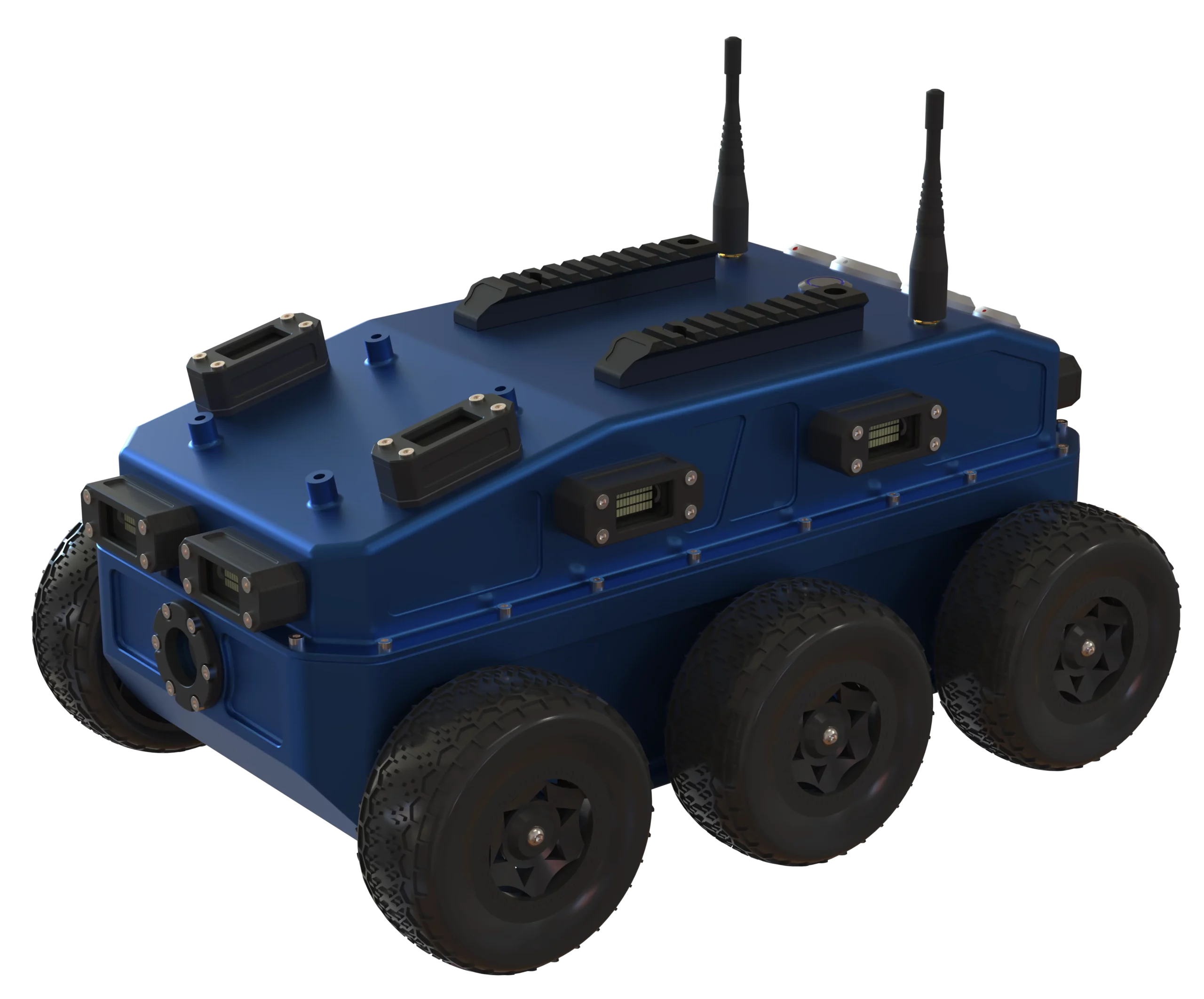 Robot BOA V2 Sfynx Industry en vue trois-quarts arrière, plateforme robotique à six roues avec boîtier étanche, connectique embarquée et antennes radio.