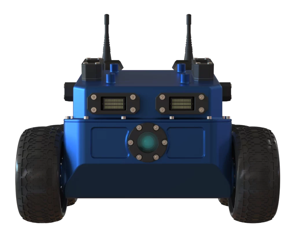 Vue frontale du robot BOA V2 de Sfynx Industry, avec caméra centrale et roues tout-terrain.