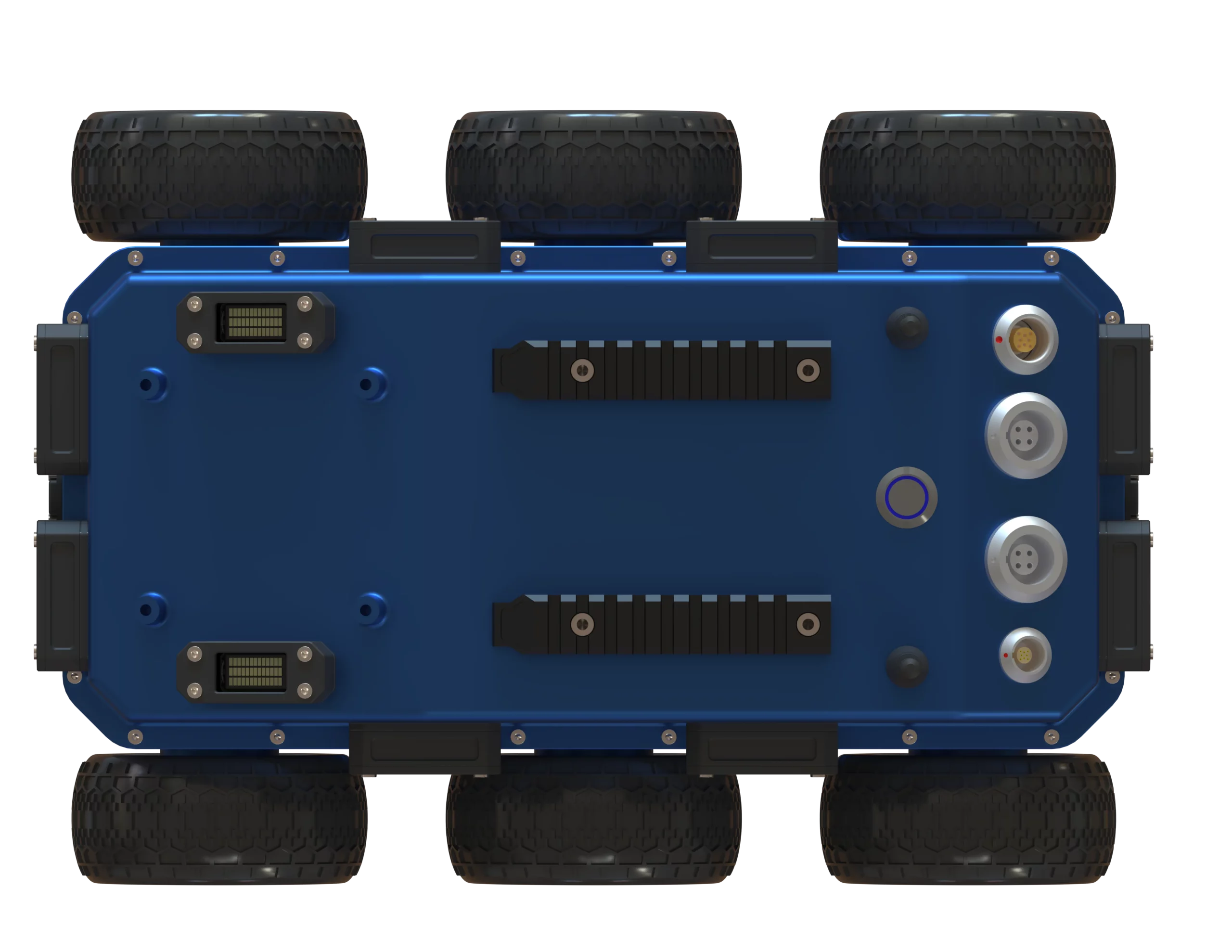 Vue inférieure du robot BOA V2 de Sfynx Industry, plateforme robotique terrestre à six roues avec châssis robuste et interfaces techniques.