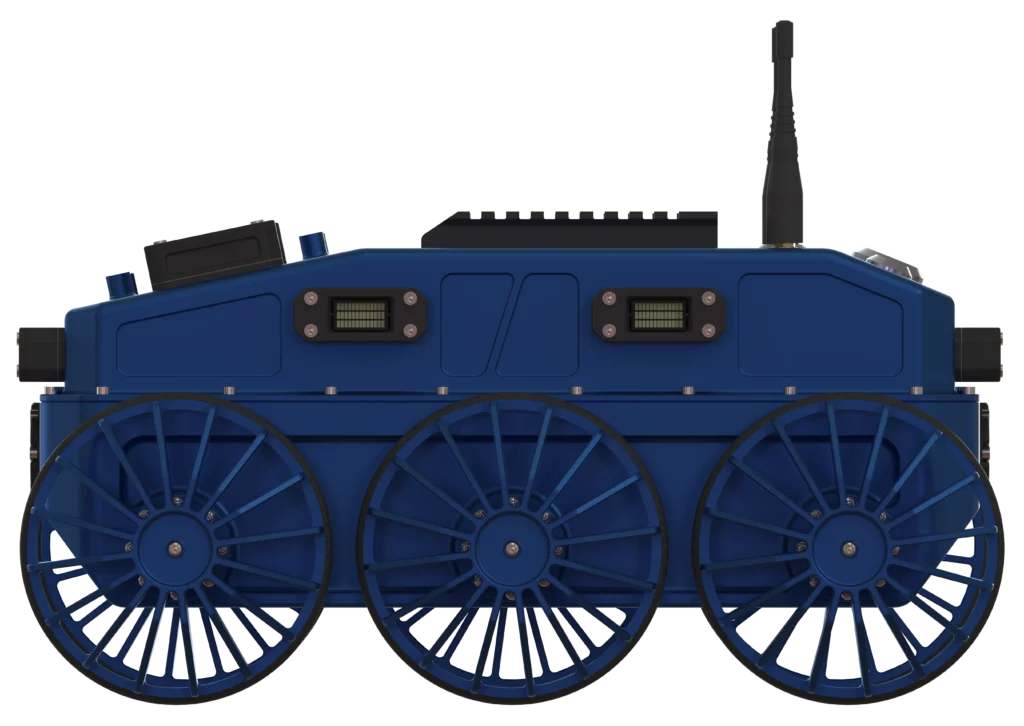 Vue latérale du robot BOA V2 de Sfynx Industry, robot terrestre tout-terrain à six roues pour environnements industriels