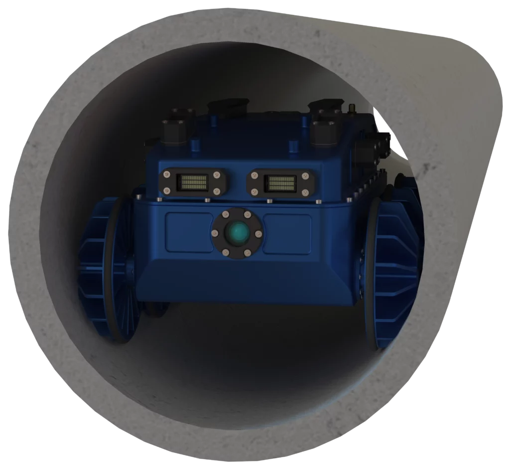 Robot terrestre BOA V2 en configuration inspection de canalisation, vue frontale avec caméra intégrée.