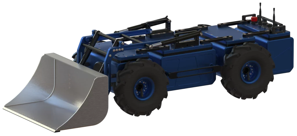 Vue trois-quarts du robot modulaire MODULO II équipé d’une lame frontale et de roues tout-terrain.