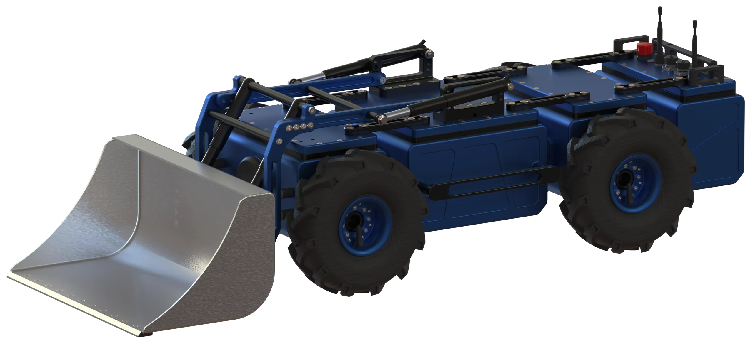 Vue trois-quarts du robot modulaire MODULO II équipé d’une lame frontale et de roues tout-terrain.