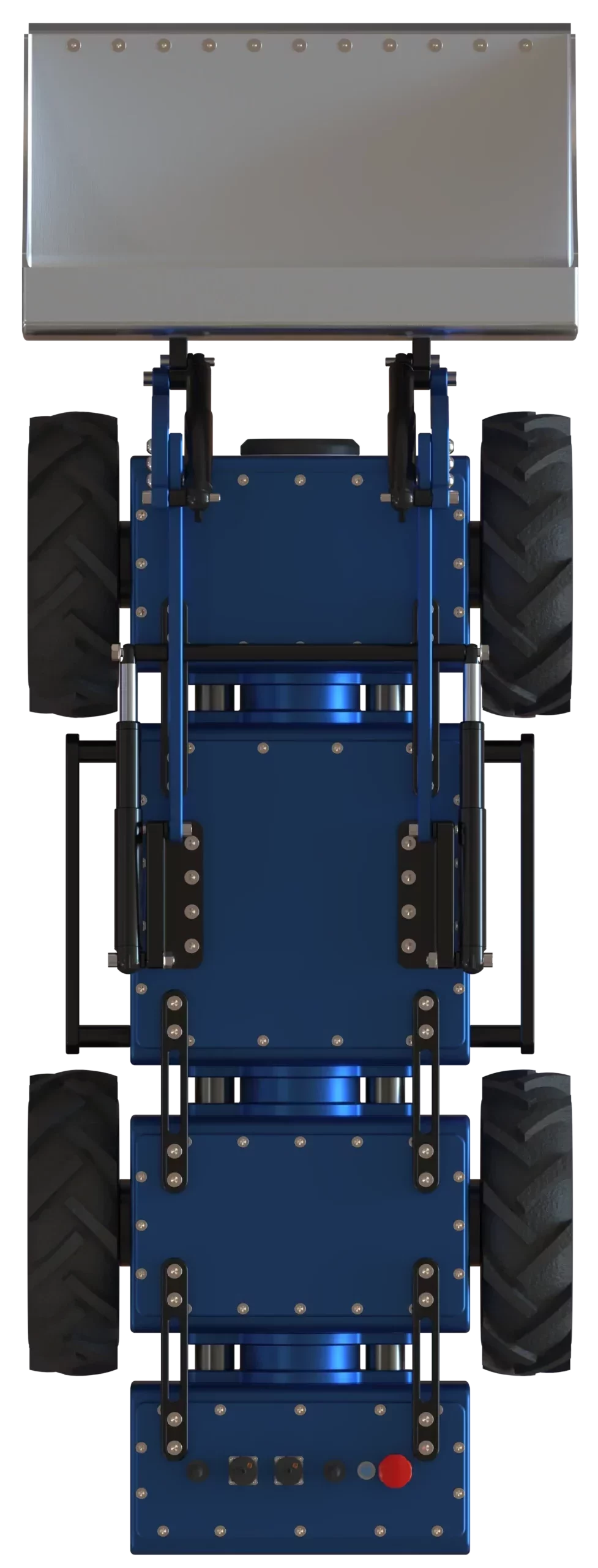 Vue de dessus du robot modulaire MODULO II équipé d’une lame frontale et de roues tout-terrain.