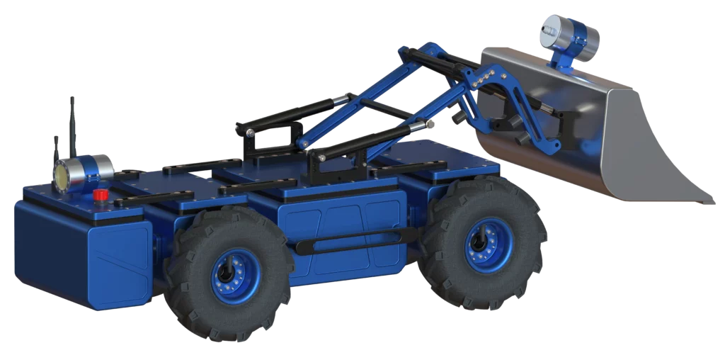 Robot MODULO II avec bras articulé et godet en position relevée.