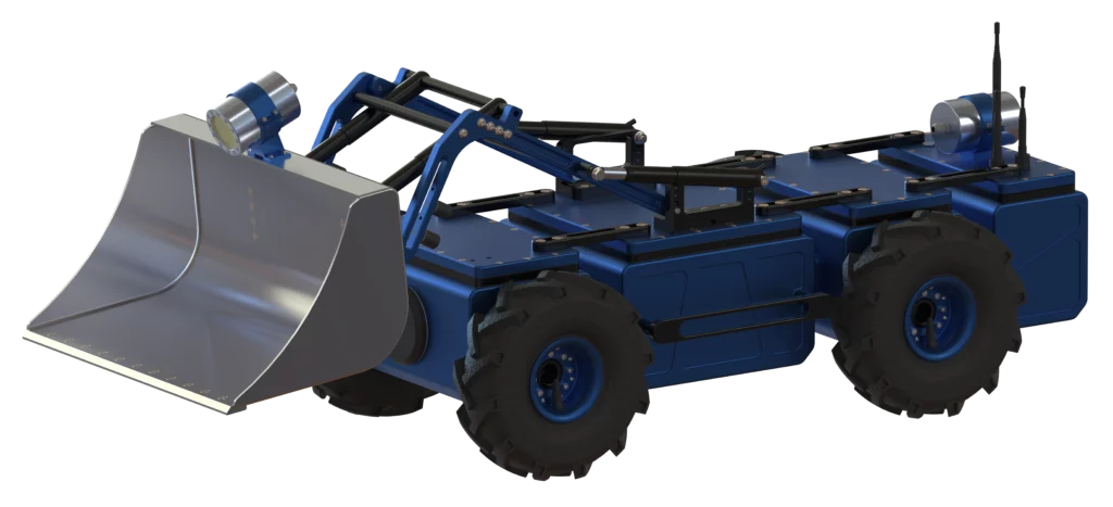 Vue 3/4 du robot modulaire MODULO II avec bras articulé hydraulique et godet frontal.