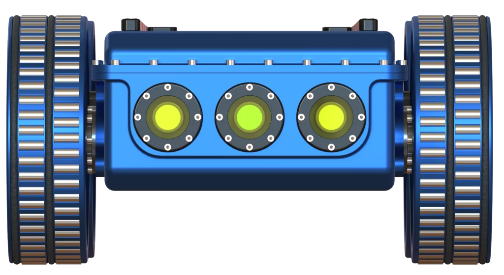 Vue avant du module MODULO I équipé de roues magnétiques et de capteurs frontaux intégrés.