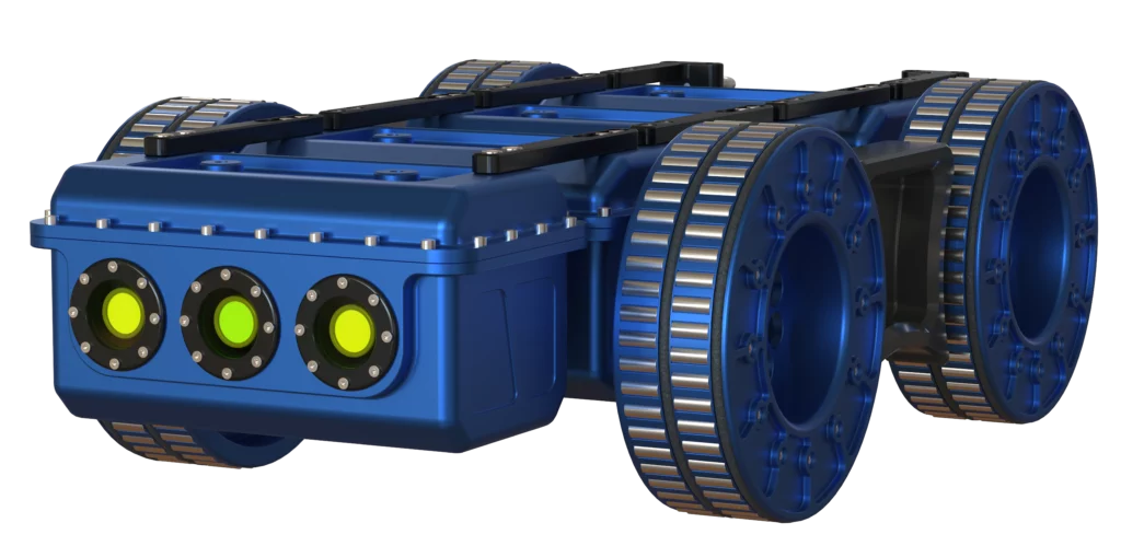 Robot MODULO I avec roues magnétiques, vue trois-quarts avant.