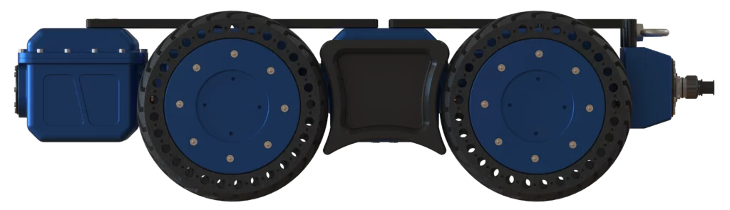 Profil latéral du robot MODULO I montrant les modules motorisés, les roues standards et l’interface de liaison centrale.