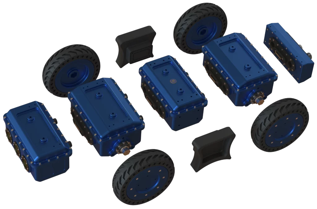 Vue éclatée du robot MODULO I de Sfynx Industry montrant les modules motorisés, les roues et les éléments de liaison.