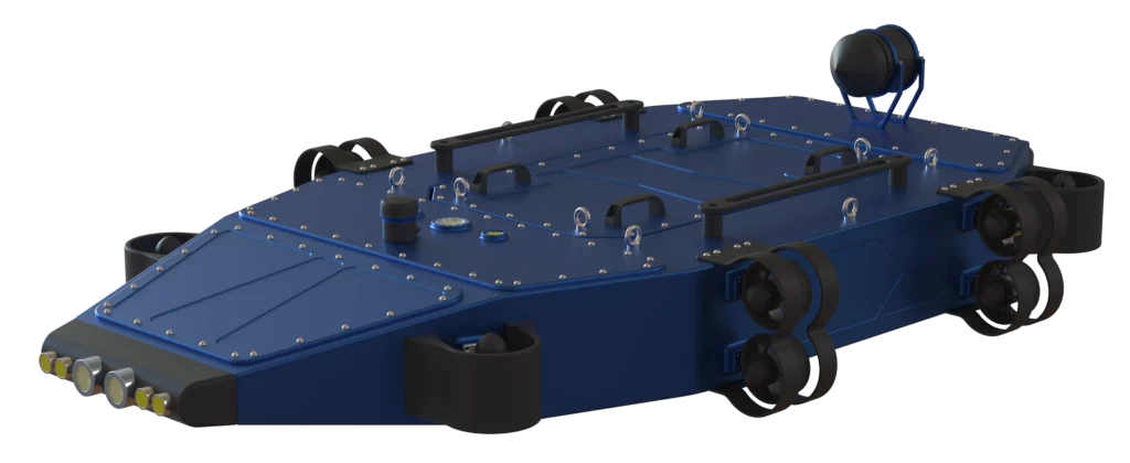 ROCKET ONE, robot sous-marin téléopéré de Sfynx Industry, vu en perspective avec propulseurs latéraux et projecteurs frontaux.