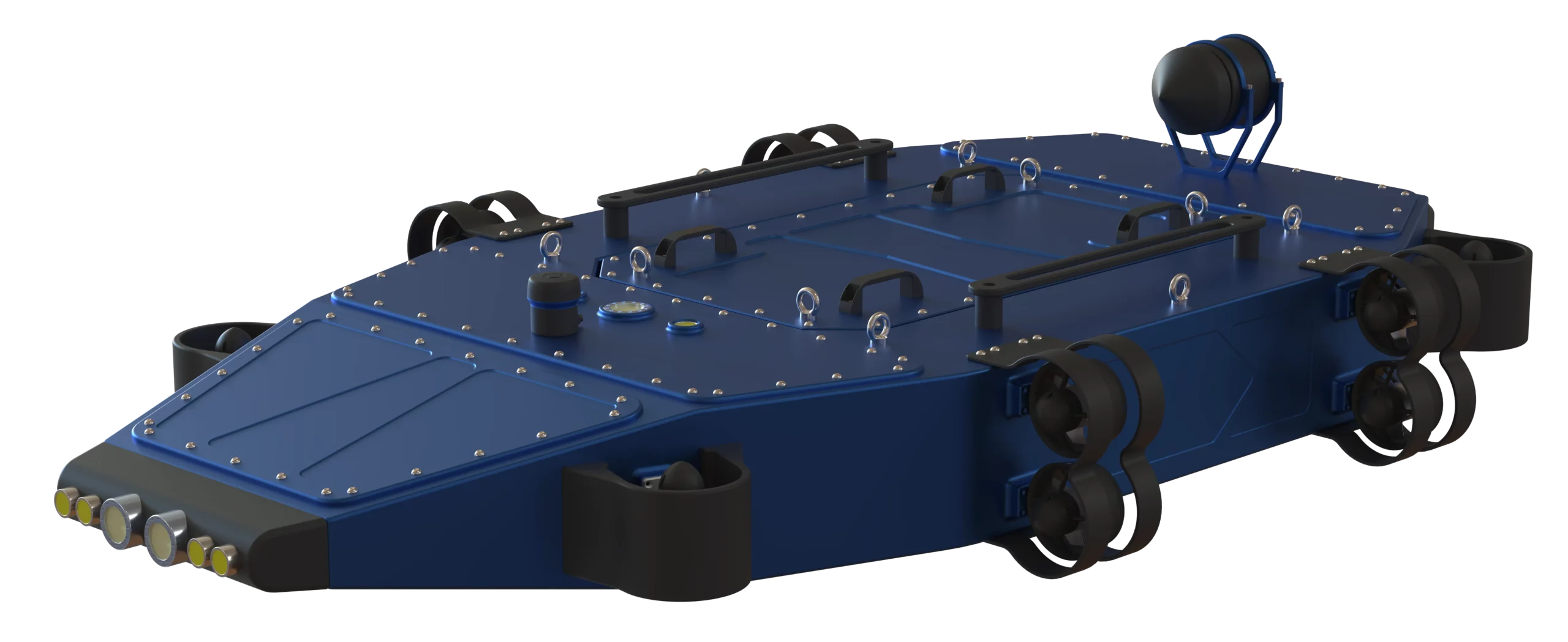 ROCKET ONE, robot sous-marin téléopéré de Sfynx Industry, vu en perspective avec propulseurs latéraux et projecteurs frontaux.