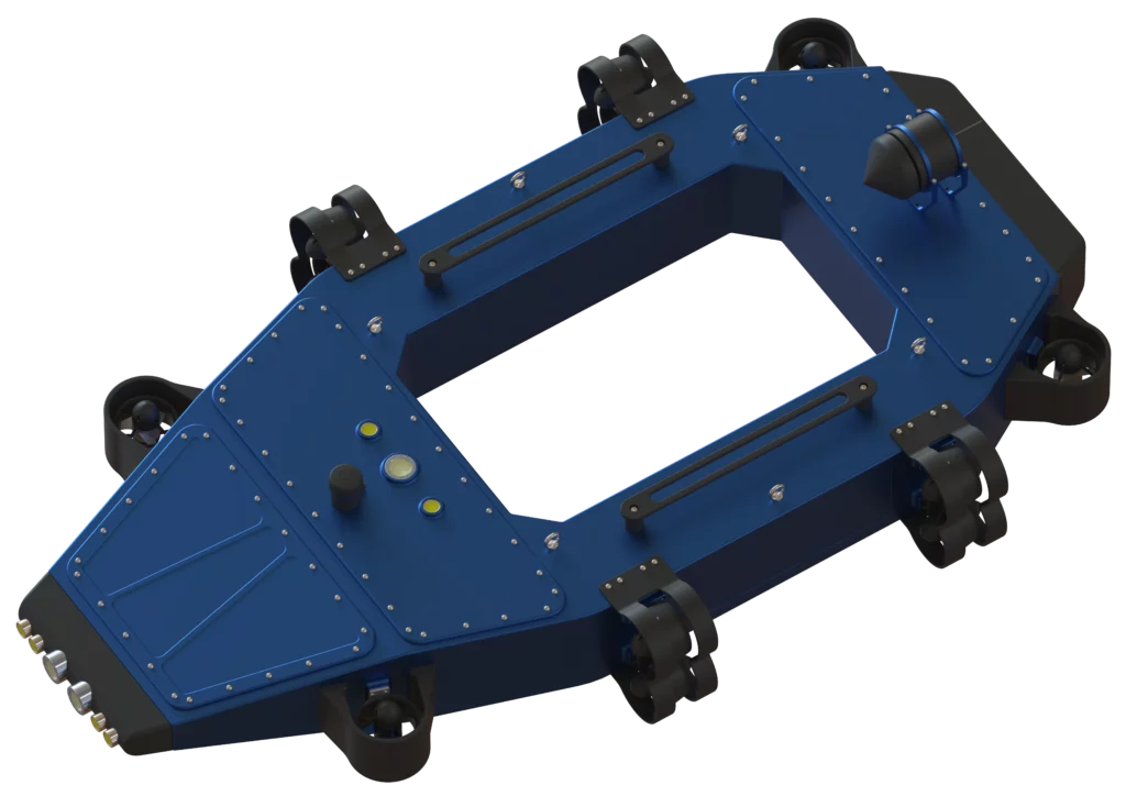 ROCKET ONE, robot sous-marin téléopéré de Sfynx Industry, châssis ouvert avec structure porteuse et propulseurs périphériques.