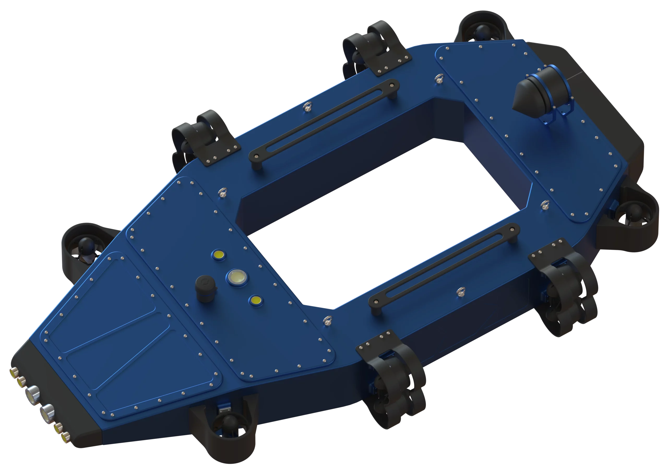 ROCKET ONE, robot sous-marin téléopéré de Sfynx Industry, châssis ouvert avec structure porteuse et propulseurs périphériques.