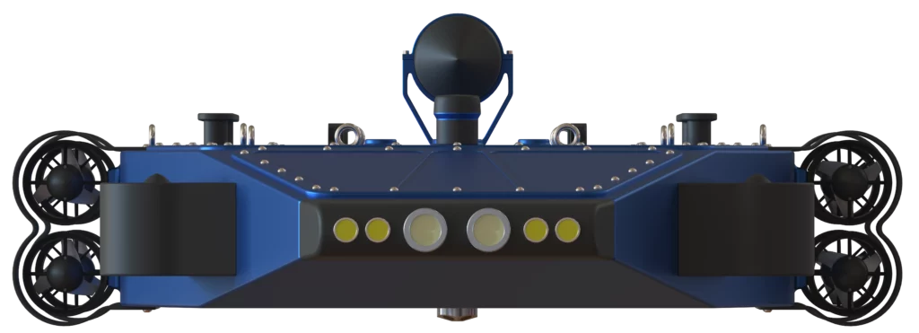 Vue frontale du robot sous-marin ROCKET ONE de Sfynx Industry, avec projecteurs LED et propulseurs latéraux.