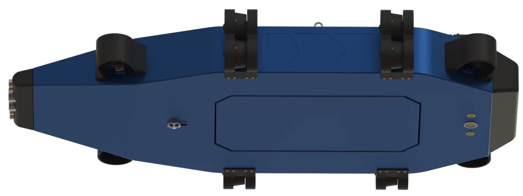 Vue inférieure du robot sous-marin ROCKET ONE de Sfynx Industry, montrant le châssis et les points de fixation.