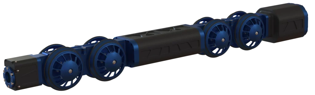 Robot serpent modulaire bleu de Sfynx Industry composé de plusieurs segments motorisés, conçu pour évoluer dans des environnements confinés.