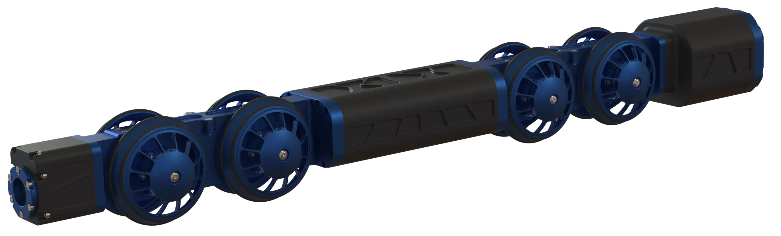 Robot serpent modulaire bleu de Sfynx Industry composé de plusieurs segments motorisés, conçu pour évoluer dans des environnements confinés.