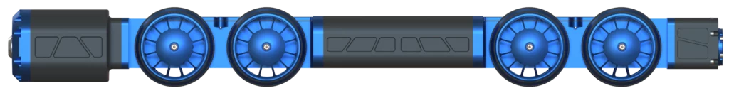 Vue latérale du robot serpent SNAKE de Sfynx Industry, architecture modulaire à segments articulés avec roues motrices intégrées.