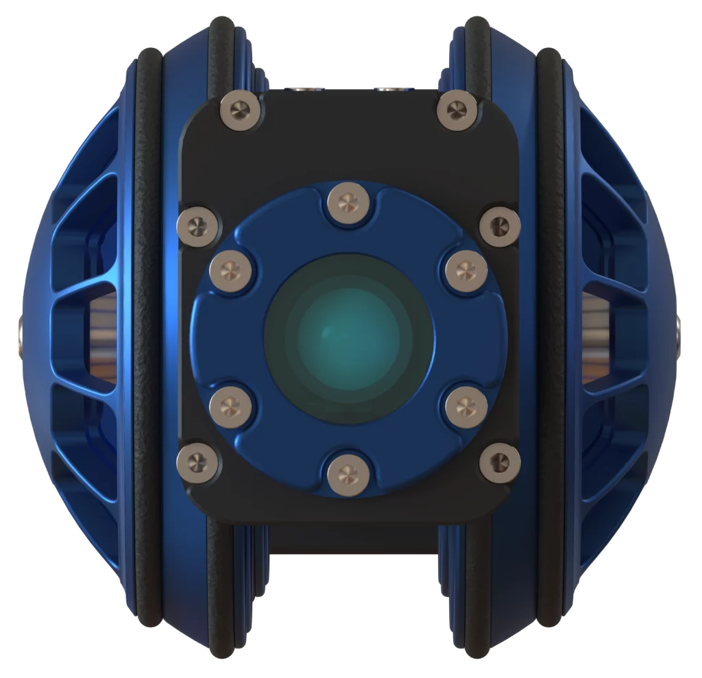 Vue frontale du robot serpent SNAKE de Sfynx Industry, avec module caméra central protégé par un hublot étanche et roues latérales intégrées.