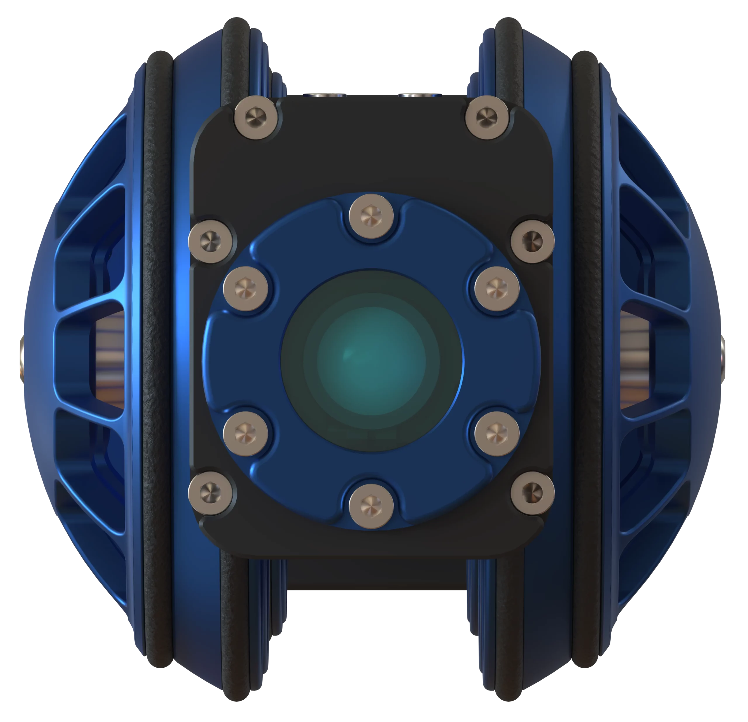 Vue frontale du robot serpent SNAKE de Sfynx Industry, avec module caméra central protégé par un hublot étanche et roues latérales intégrées.