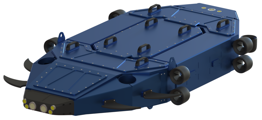 ROCKET ONE, robot sous-marin téléopéré de Sfynx Industry, vu en perspective avec propulseurs latéraux et projecteurs frontaux.