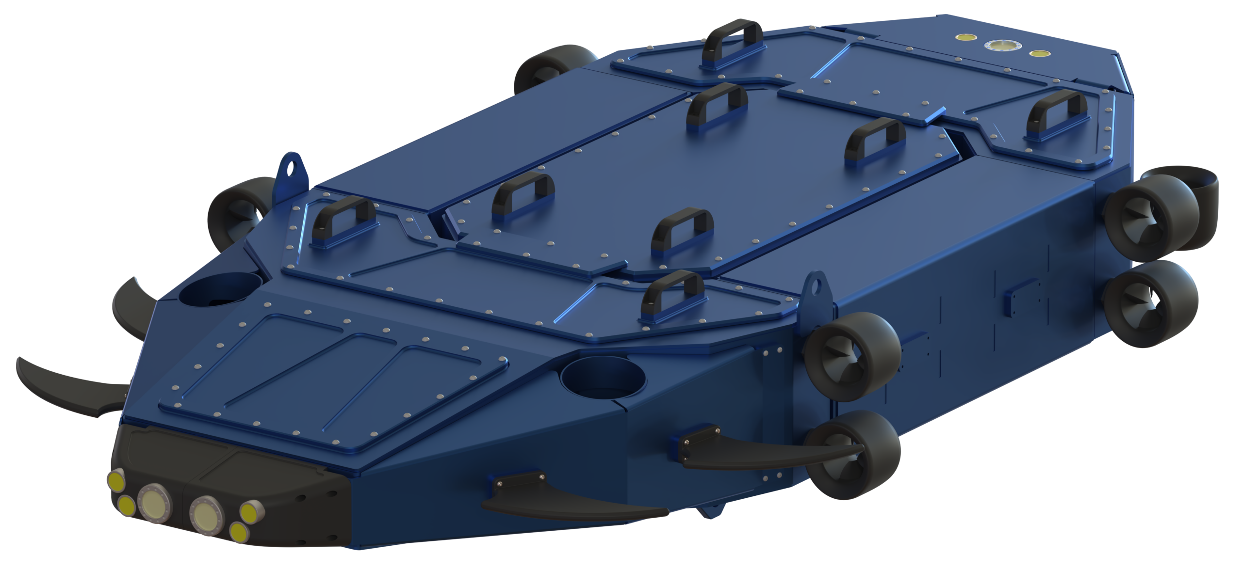 ROCKET ONE, robot sous-marin téléopéré de Sfynx Industry, vu en perspective avec propulseurs latéraux et projecteurs frontaux.